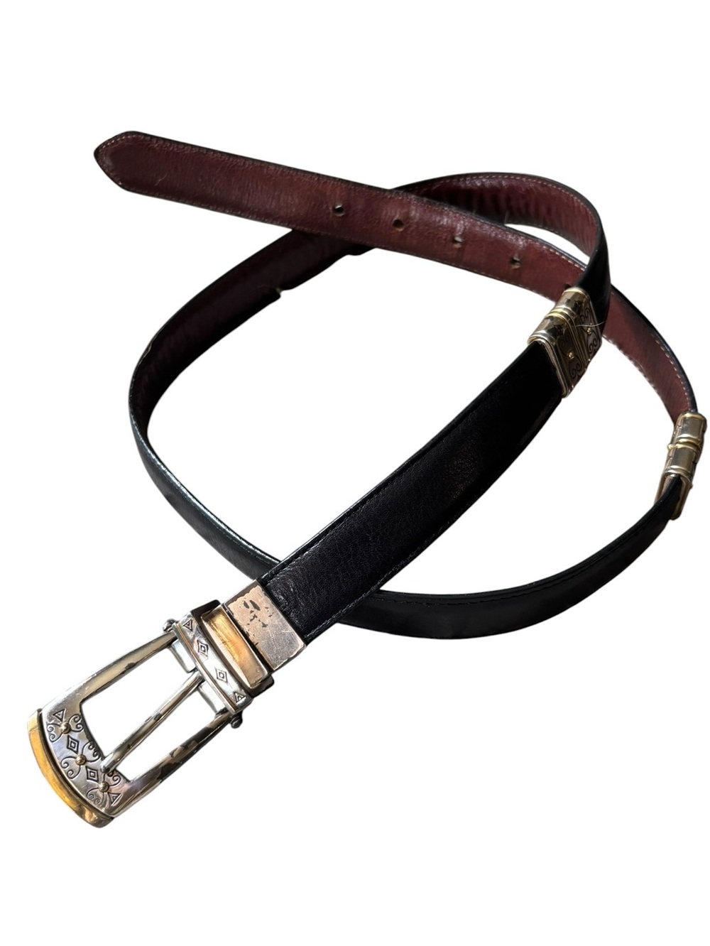 Reversible Black / Brown Leather Belt Silver-Tone Buckle & Accents Size 36 / XL